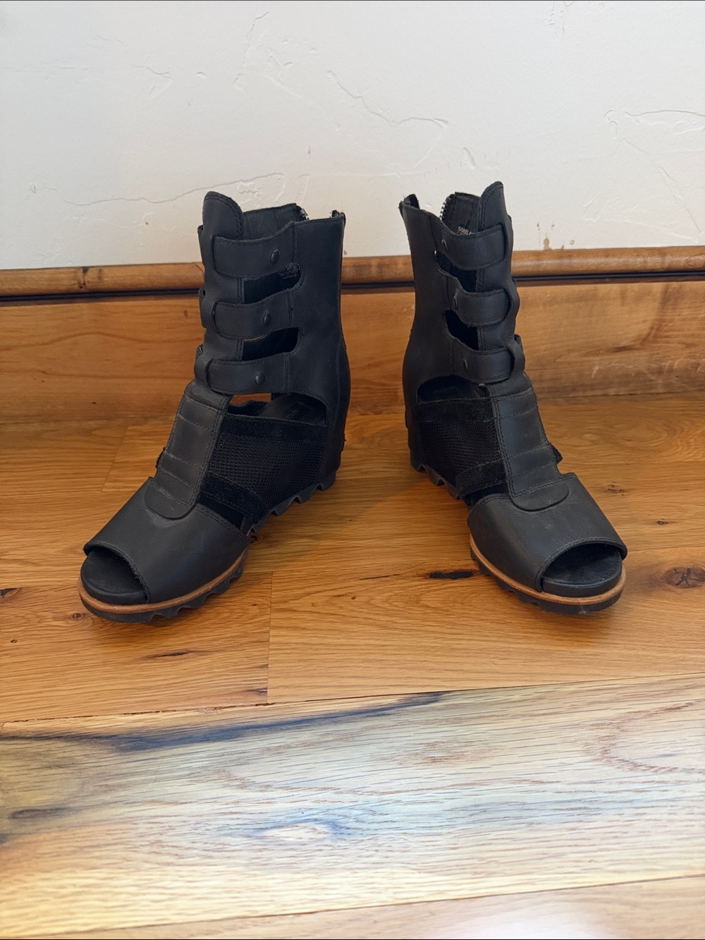 Sorel Black Open-Toe Strappy Wedge Ankle Boots